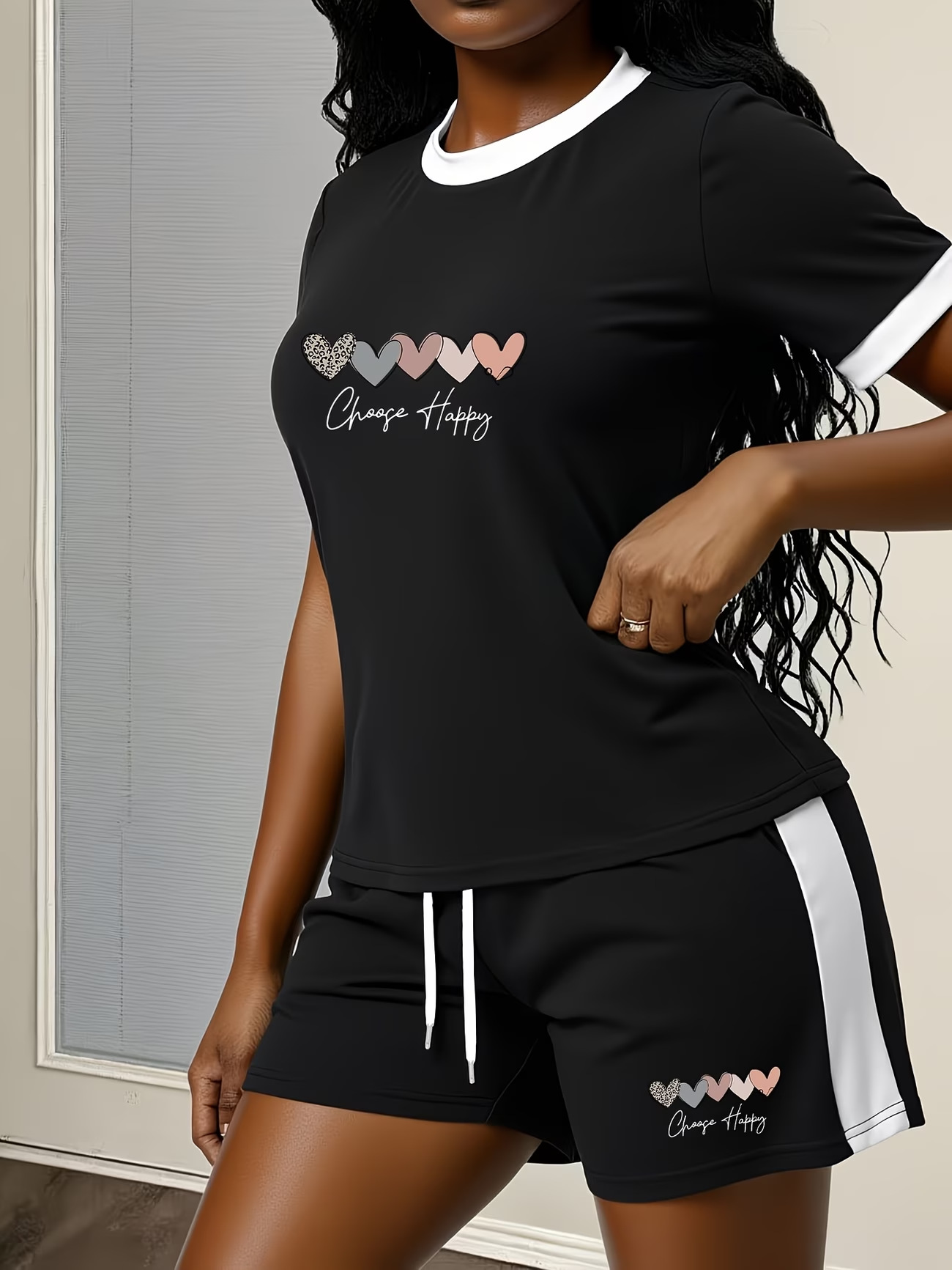 Women's Colour Block Heart Print Shorts Set Summer Short Sleeve_voghion.com