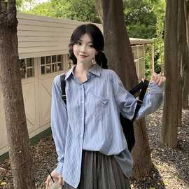韩版polo领学院风显瘦条纹衬衫女秋季长袖小众设计感衬衣外套上衣