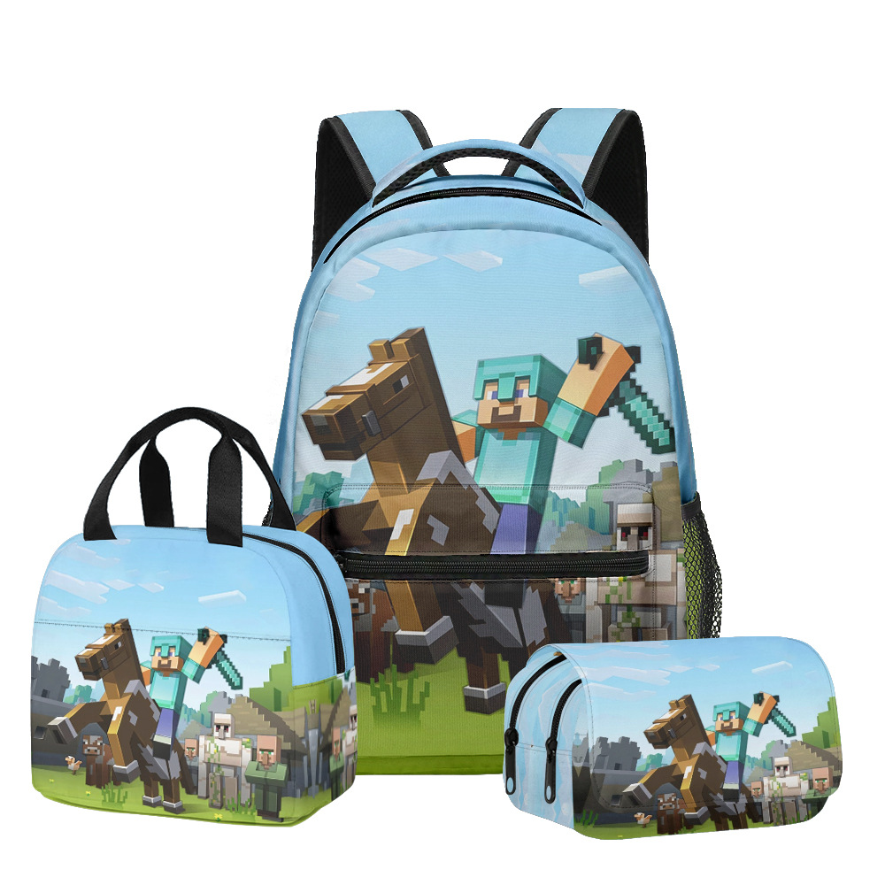 Nuevo producto 3D My World Minecraft mochila de estudiantes de primaria y secundaria bolsa de almuerzo bolsa de bolígrafo doble tres piezas set