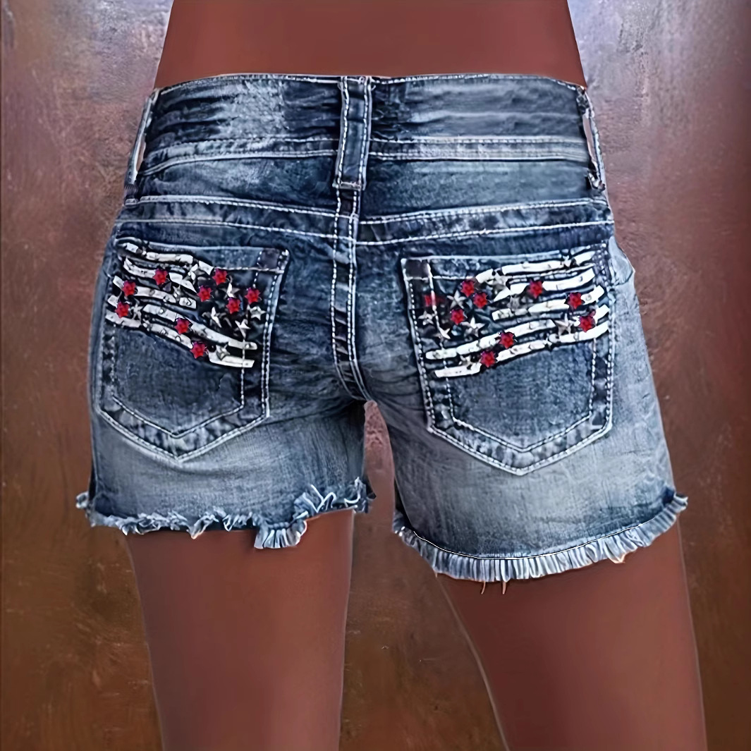 Women's Ripped Denim Shorts With Embroidered Patch Design_voghion.com