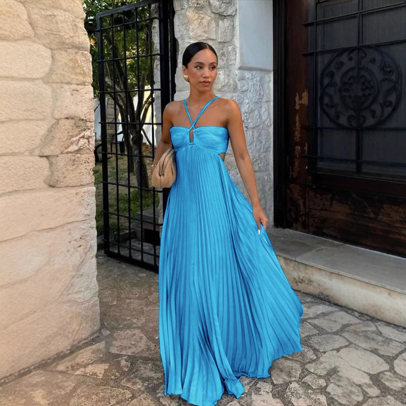 Summer Women's Clothing for Vacation and Beach, Halter Neck Long Dress, European and American Style, Solid Color Coat, Strapless Pleated Sleeveless Dress