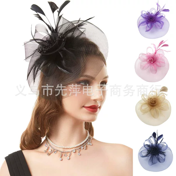New cross-border popular mesh bowler hat European and American bridal feather headdress flower mesh hair accessories horse racing festival bowler hat headdress