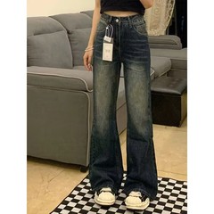 梨の形の体つきの復古の小さいラッパのジーパンの女性の直筒の春秋の金の大きいサイズの太っているmmの高腰はやせている馬蹄のズボンを現します。