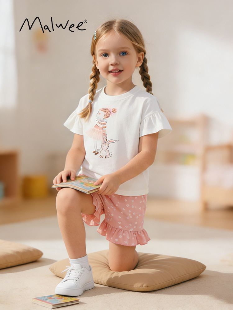Ropa de verano para niñas, ropa de niños, ropa de moda de dos piezas para niños europeos y americanos, cuello redondo de verano, manga corta