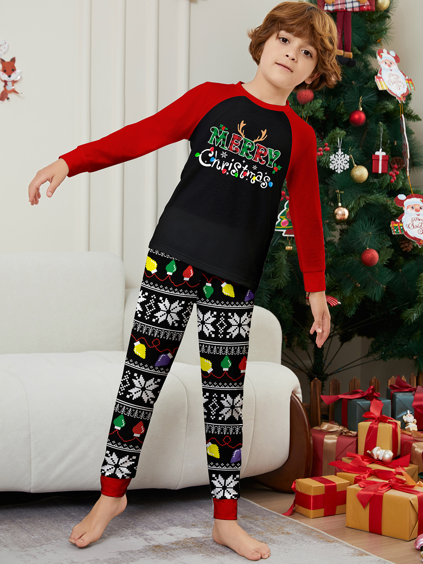 Pyjama imprimé pour la maison avec lettres de Noël et rayures en flocons de neige_voghion.com