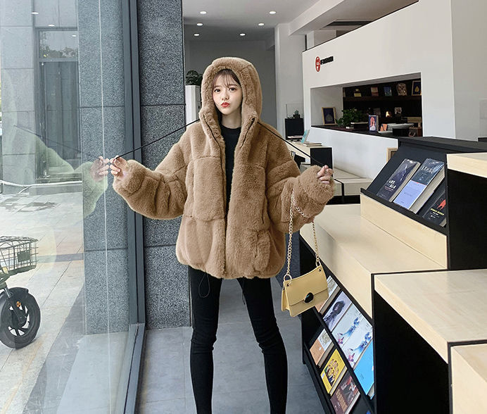 2022 Autumn and Winter New Imitation Fur Coat Women's Imitation Rex Rabbit Fur Hooded Plush Coat Loose Warm