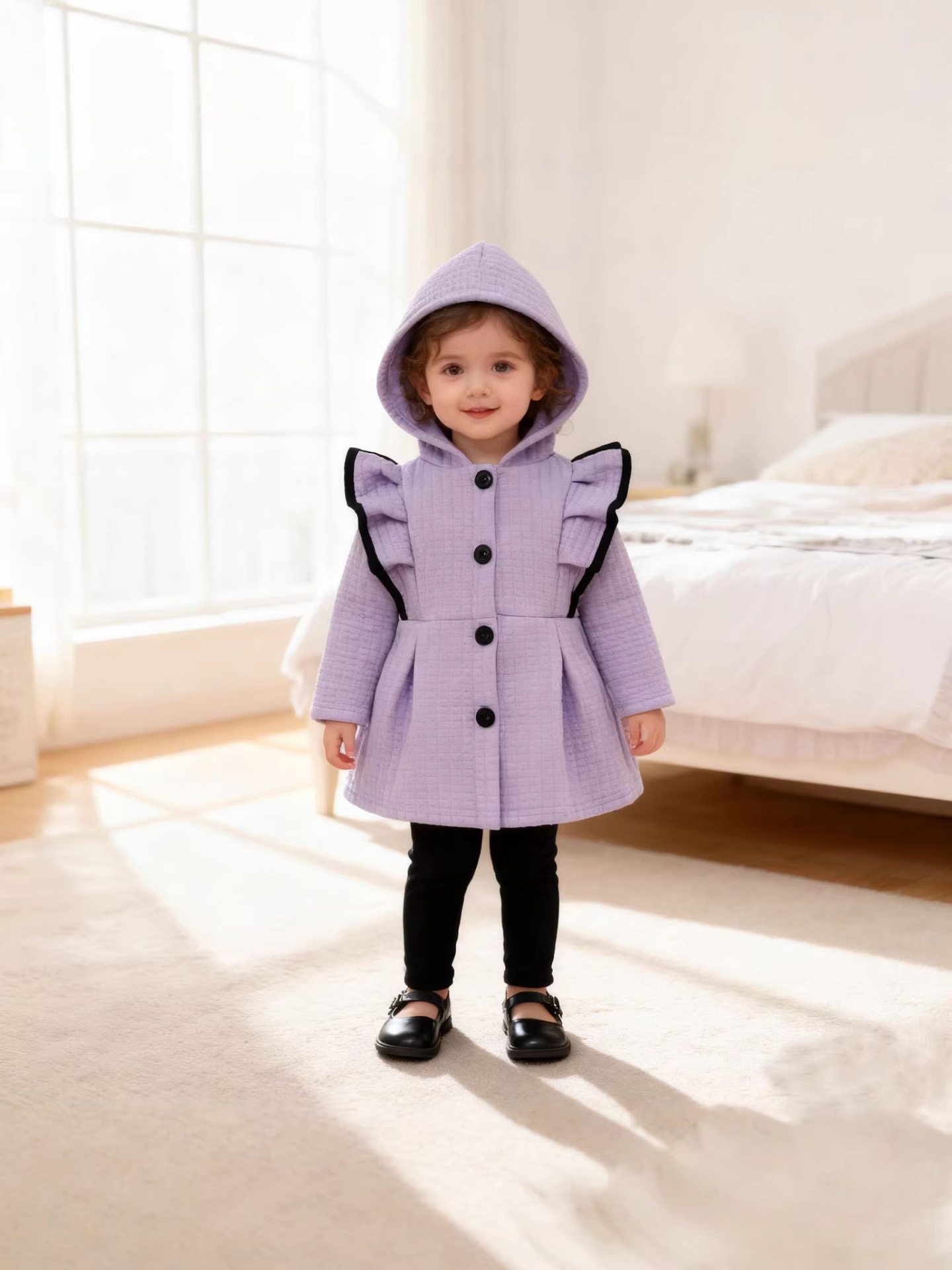 Cross-border autumn and winter baby girls' hooded single-breasted plain lace thickened long sleeve one-piece coat