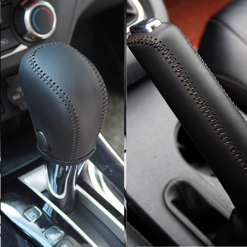 Leather car gear shift knob cover, hand-stitched, for Nissan 2012 New Sylphy, Qida, and Teana models. Also includes a handbrake cover and a gear shift cover