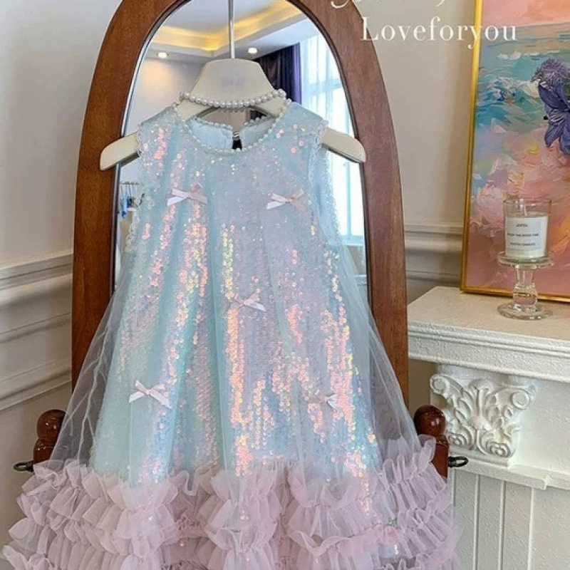 Летнее платье для девочек 2025 года, новый детский стиль, детский жилет с бантом и пайетками, кружевное платье принцессы
