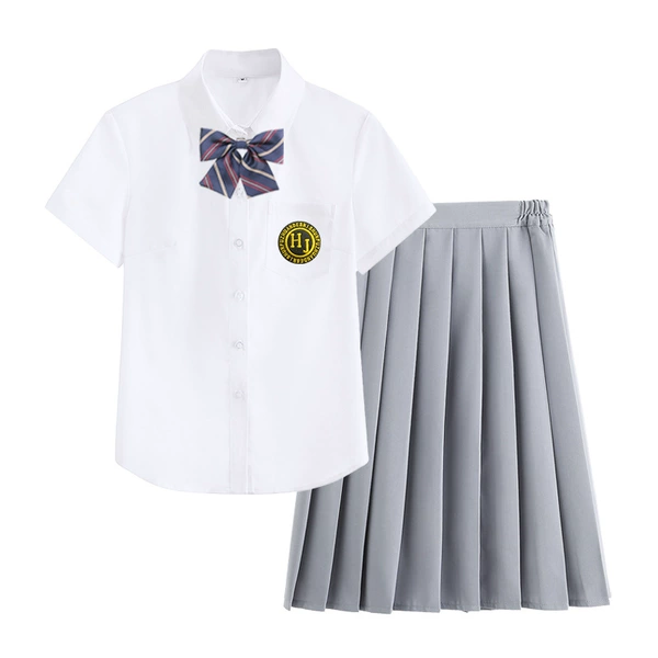 White shirt + gray mid skirt + bow tie + HJ badge