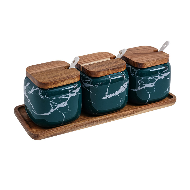 Al2505 -Зерен мрамор установите три ярко -зеленого шаблона мрамора сахарные банки с ложками и деревянным заварным кремом