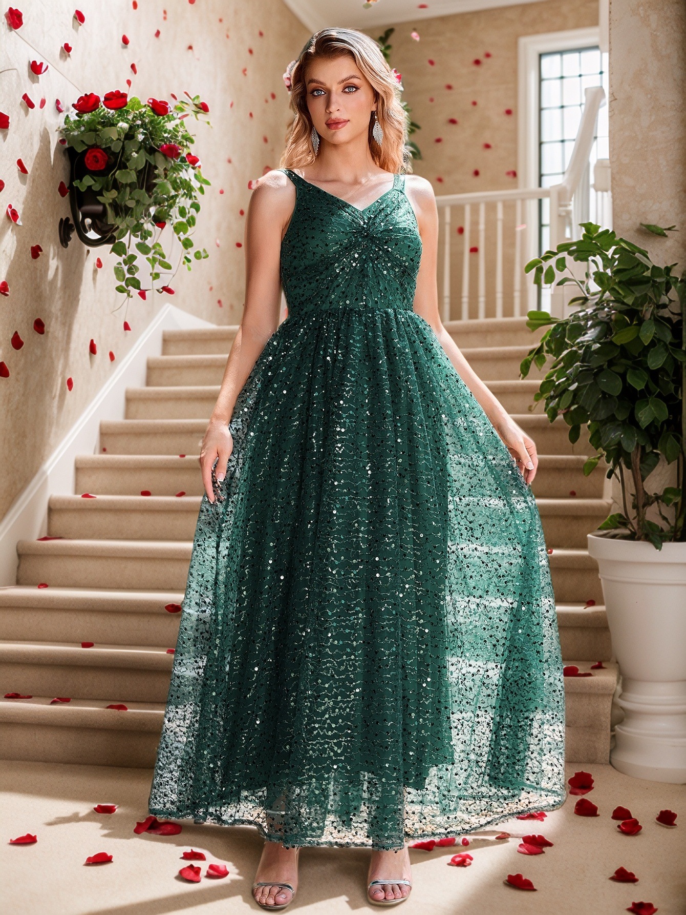 Nuevo vestido de tirantes francés verde con cuello en v estilo de vacaciones estampado lunares image 2