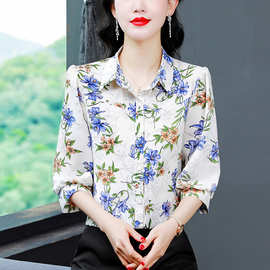 正品高档中年妈妈装桑蚕丝短款衬衫时尚气质七分袖夏款翻领女衬衣