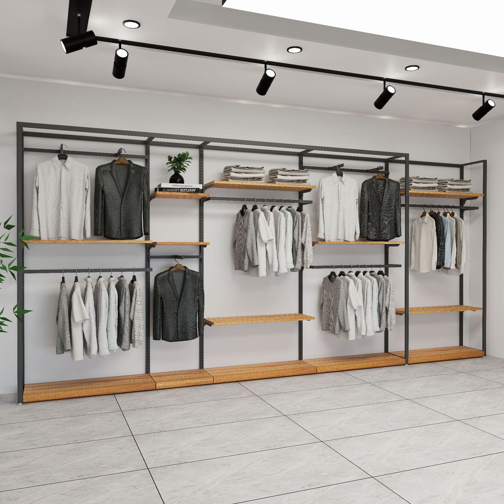 Estante de exhibición de ropa móvil personalizado en la pared de la plataforma de exhibición de la isla media con iluminación tienda de ropa estante de exhibición