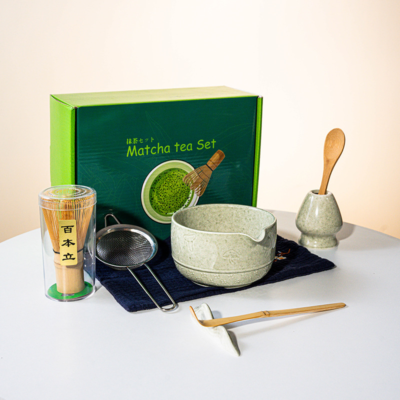 FJT 버섯 입이 있는 직선 그릇 말차 색상 8종 세트(짙은 녹색 색상 상자 + 파란색 티 타월)