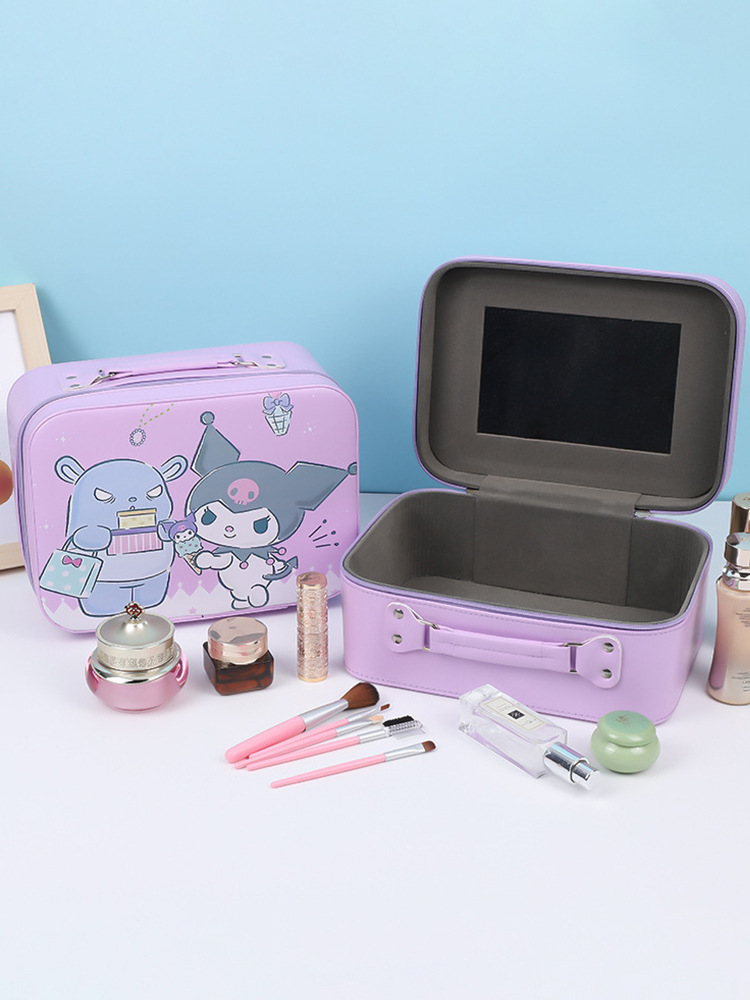 Bolsa de maquillaje infantil con dibujos animados, linda, de Sanrio, portátil para viaje, de gran capacidad, con espejo, caja de almacenamiento de cosméticos.