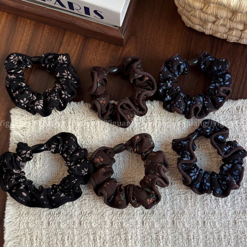 Korean-style vintage versatile small floral fabric scrunchie for elegant bun hairstyles, ponytail hair tie, elastic band