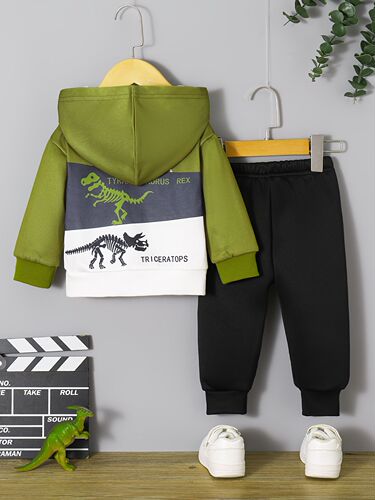 INS Baby Toddler Boys Spring and Autumn Fleece Hooded Dinosaur Alphabet Print Long Sleeve Top and Pants