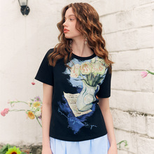 两三事梵高文艺玻璃花房2025夏新款文艺风油画印花短袖t恤女