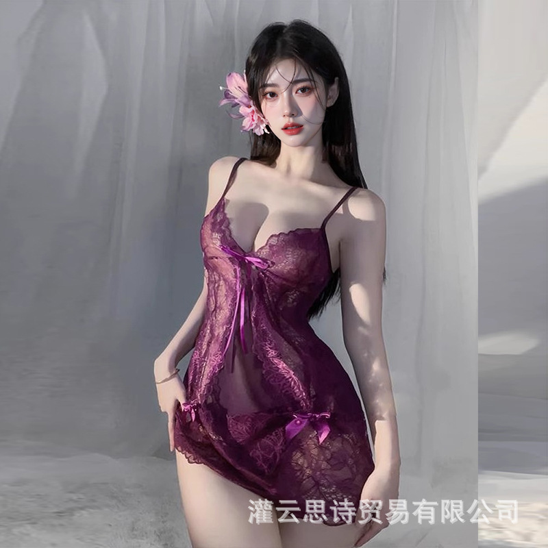 순수한 욕망 열파 접힌 깊은 V 관점 나이트 드레스 섹스 속옷 보라색 섹시한 순수한 욕망 세트 쇼 매력 보라색 옷