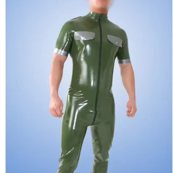 Latex Clothing Latex Bodysuit Army Green Front-Opening Crotch Zipper Latex Men's Jumpsuit Rubber Suit