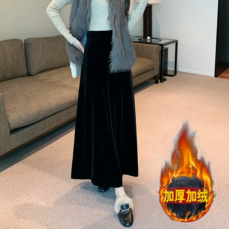 Толстая золотая бархатная полуюбка плюс бархатная юбка женская осенняя и зимняя высокая талия, ретро тонкая юбка новый черный