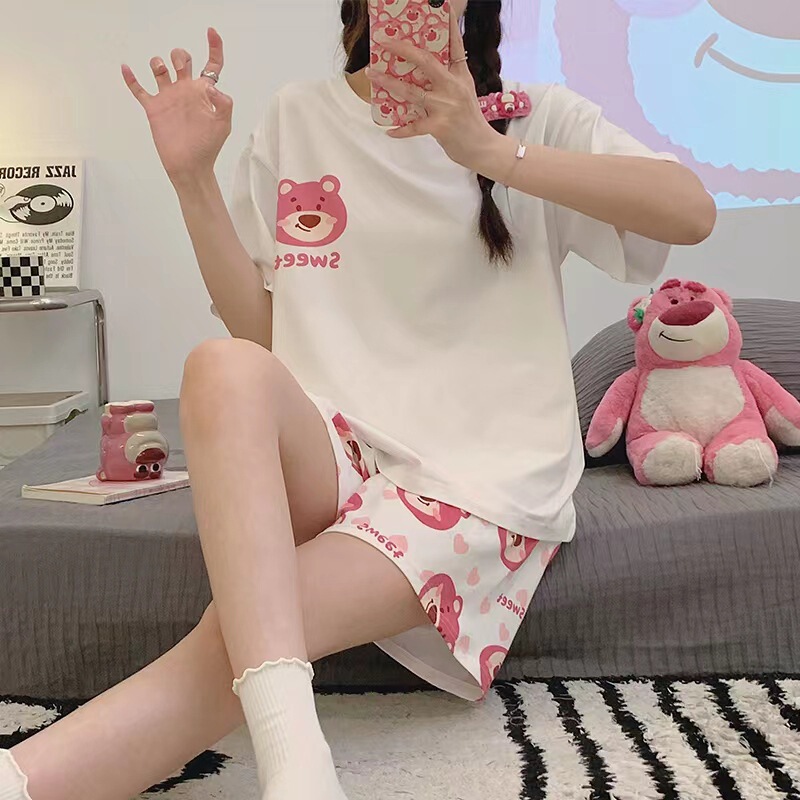 Pajamas Women's Summer Short-sleeved Shorts suit Sweet Home Clothes Imitation Cotton Outwear Home Clothes Cartoon Cute T-Shirt
