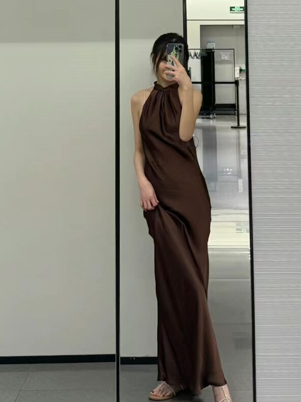 Foreign Trade Women's Clothing 2024 Za Series Elegant Silk Satin Texture Backless Halter Neck Long Dress 3274548