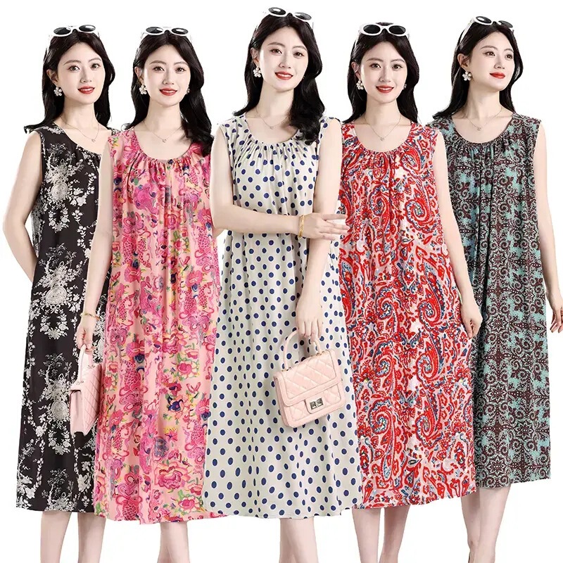 [Breathable and Cool] Women's Summer Nightgown for Middle-Aged and Elderly Mothers, Loose Printed Dress, Cotton Silk Home Wear, Large Size