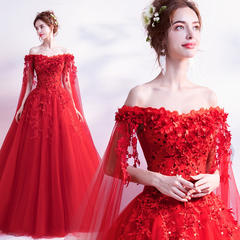 Rose Red Tulle 2026 New Long-Sleeved Bridal Wedding Toast Dress Fairy-Like Evening Dress Manufacturer Supply