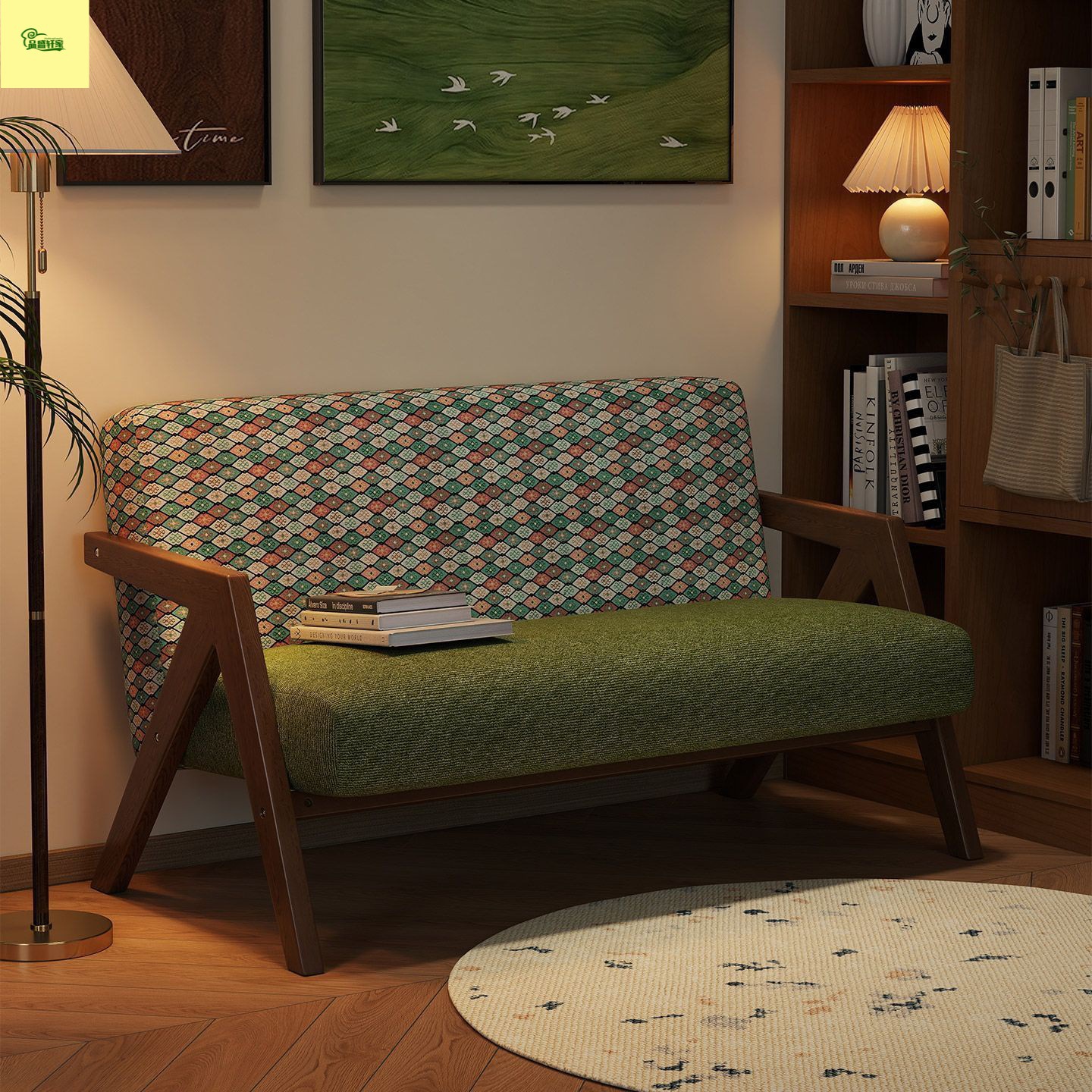 Small Apartment Living Room Apartment Retro Solid Wood Double Sofa Mid-Century Style Fabric Small Sofa Hotel B&B Small Space