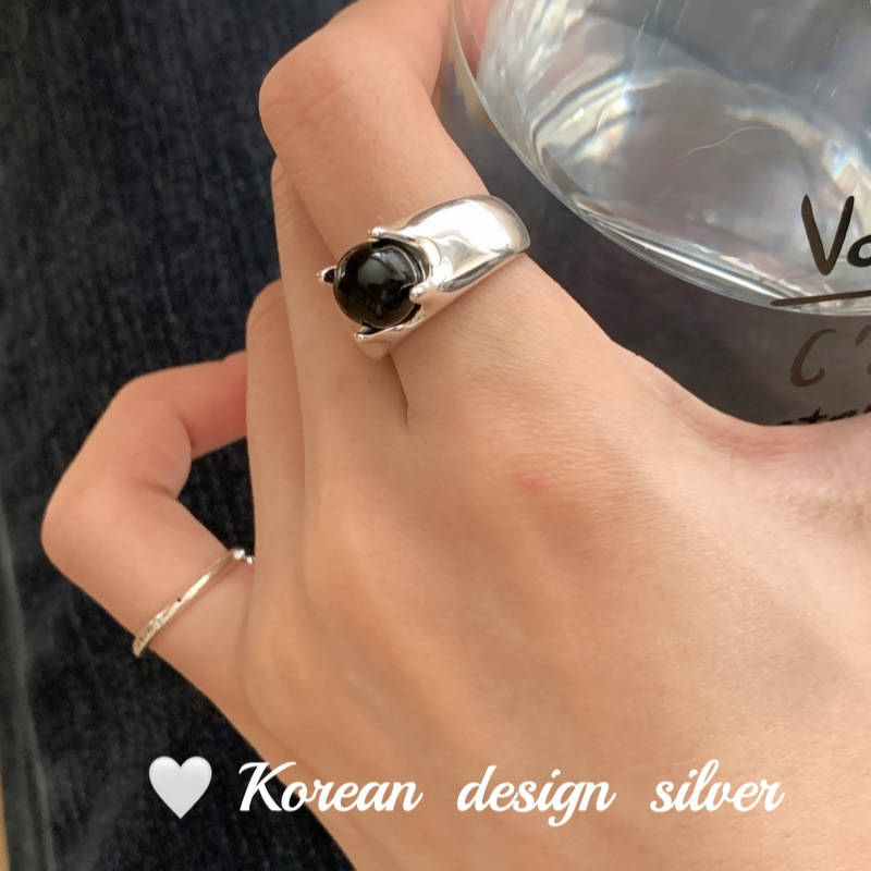韓國東大門重工高級感指環 S925純銀黑瑪瑙光面開口戒指小眾設計