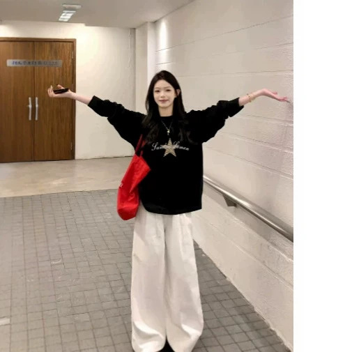 Plus-size Korean-style black pure cotton long-sleeve t-shirt for women, autumn 2026 new model, loose fit, large size, base layer top