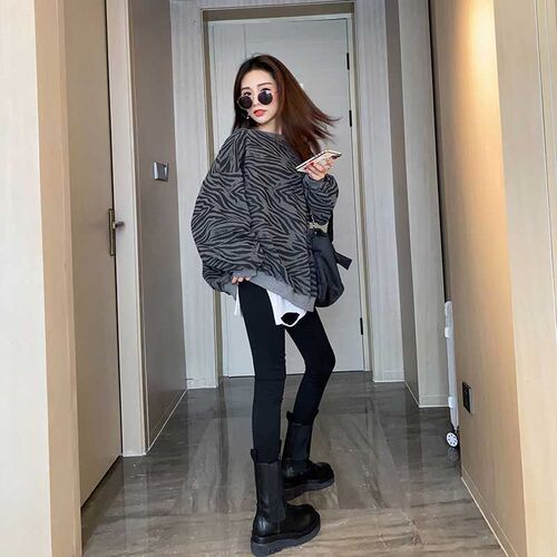 Fat sister slimming striped hoodie women's spring and winter new Korean style loose lazy long-sleeved top women's trend