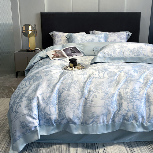 Washed silk four-piece set cool ice silk 60S Nordic style silky summer sleeping naked embroidered quilt cover bedding