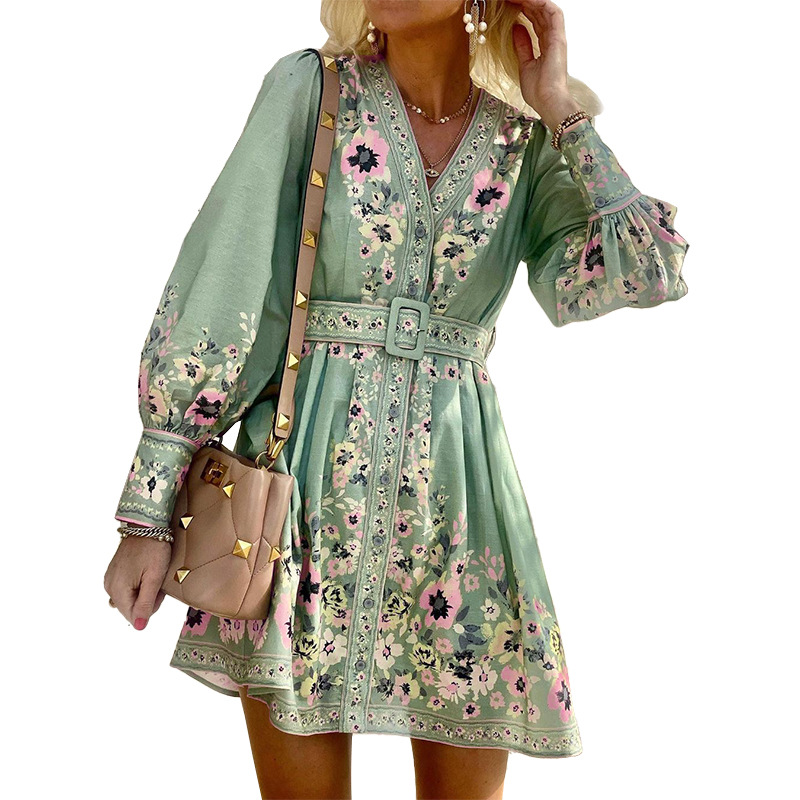 FD949 In Stock Cross-Border 2025 Autumn New Women's Long Sleeve V-Neck Loose Printed Bohemian Dress_ecoleips.com