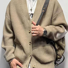 轻熟风潮牌针织开衫外套男2025秋冬新款宽松V领拼接加厚款毛衣男