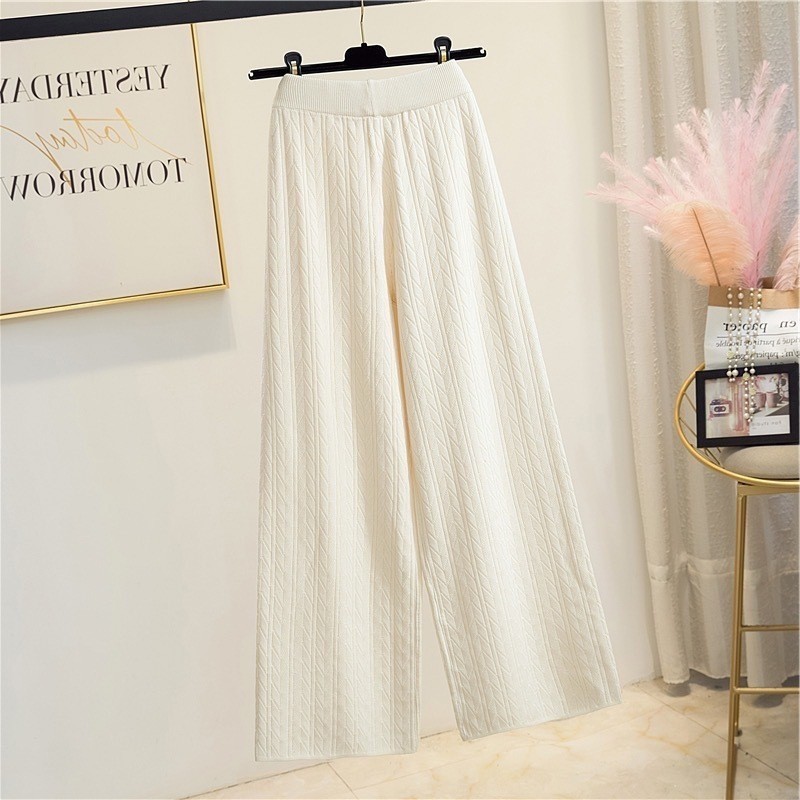 Gebreide rechte wijde pijpen lente en herfst nieuwe stijlen, vloer lengte hoge taille afslankend casual wollen pa, dames_voghion.com