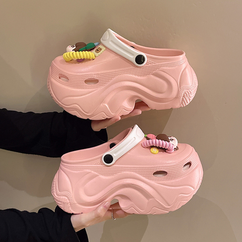 Students Fashion Outwear Slippers Summer Cute Cheese Thick Bottom Non-slip Contrast Color 10CM Hole Shoes for Women