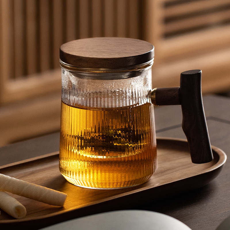 日式木把三件式泡茶杯办公透明玻璃杯锤纹加厚耐热红茶杯家用茶具