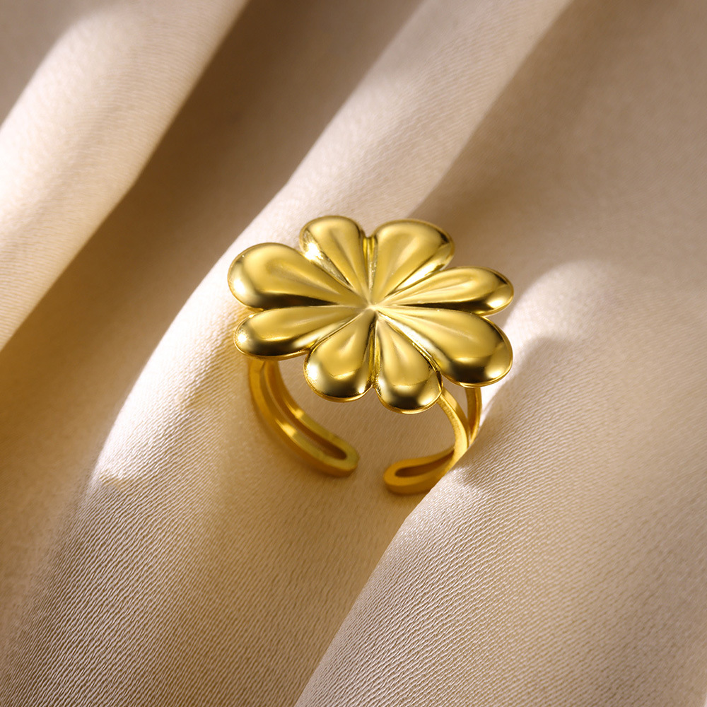 3g Weight 0.03µm-0.05µm Gold Plating Thickness PVD Coated Gold Plating Process Real Gold Plated Plating Material Open Rings Classification 1 Piece Quantity Holiday, Daily Occasion 304 Stainless Steel Material Flower Pattern All Seasons Season Women's Gender Vacation, Simple Style Style Waterproof Non Tarnish, Plating Craft PVD Coated Real Gold Plated Flower 304 Stainless Steel Vacation Simple Style Waterproof Non Tarnish Open Rings 18