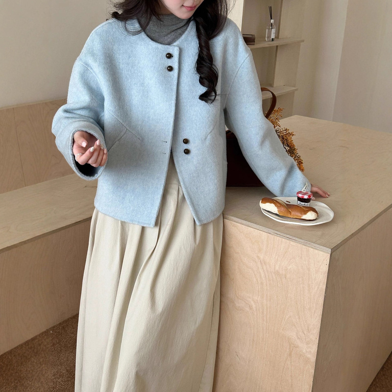 Chanel-Style Blue Double-Sided Woolen Petite Coat for Women, Autumn and Winter Short Woolen Coat with a High-End Korean Fashion Vibe