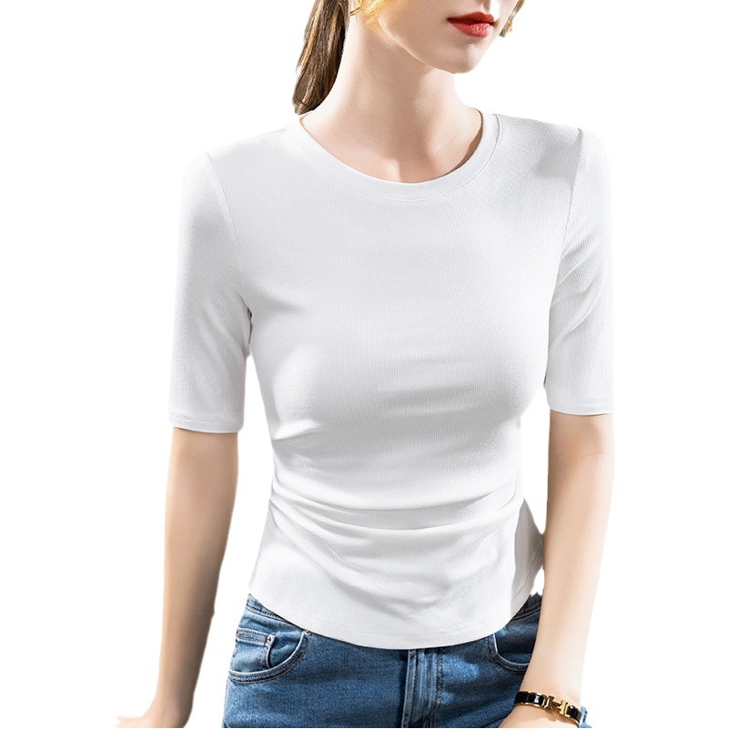 Camiseta de manga media para mujer 2023 nuevas mujeres de color sólido cuello redondo hilo media manga camiseta plisada cintura stretch top image 1