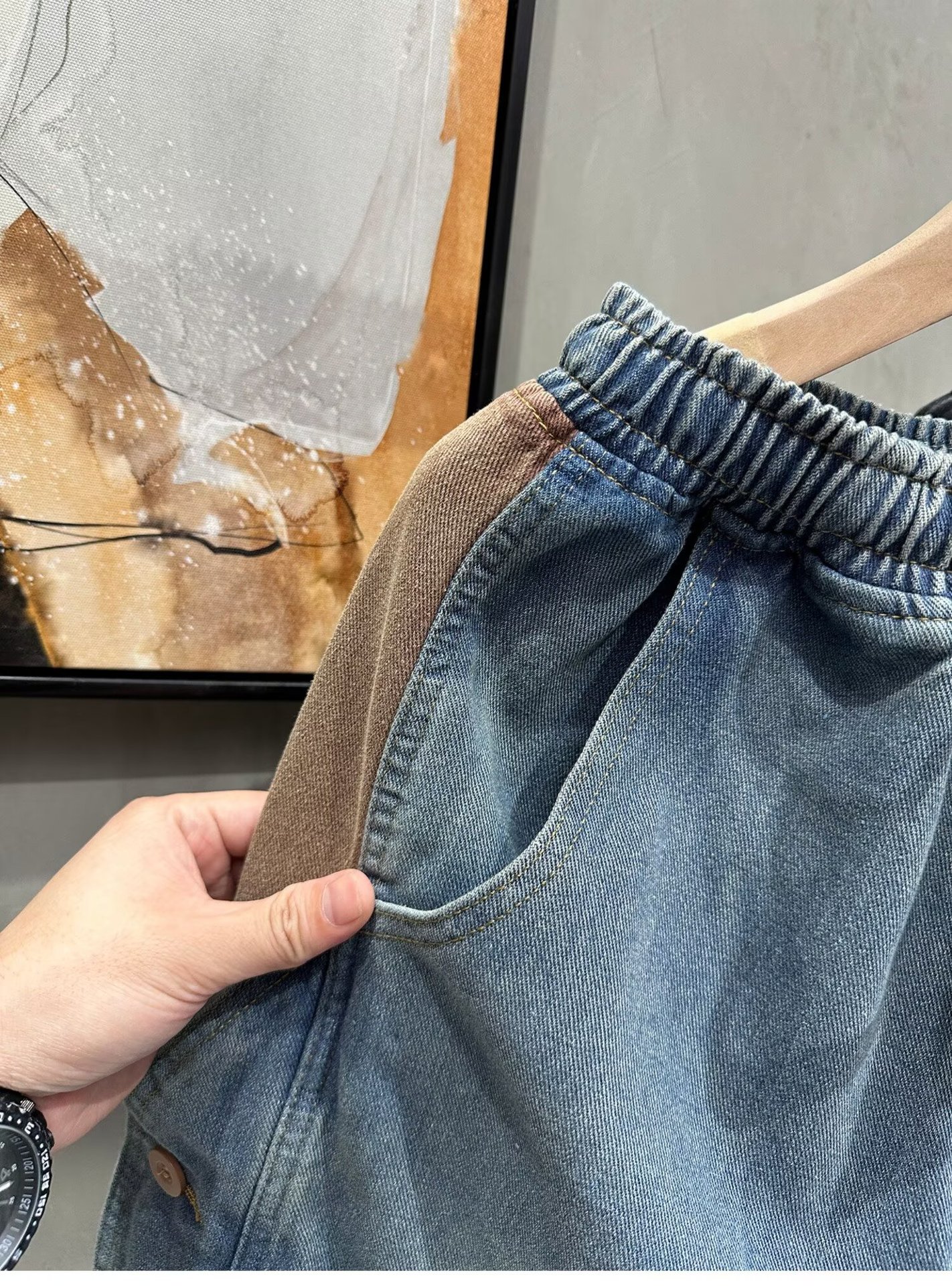 Men's Retro Distressed Denim Shorts Summer Casual Loose Fit Color Block Five Point Drawstring Elastic Waist Plus Size Mid-Length_mkmklike.com