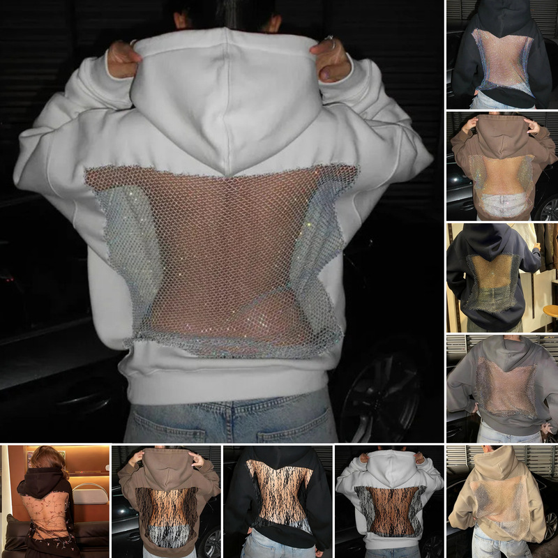 European and American Cross-Border 2025 Autumn and Winter New Women's Fashion Amazon Pure Color Backless Hollow Mesh Hoodie Sweatshirt