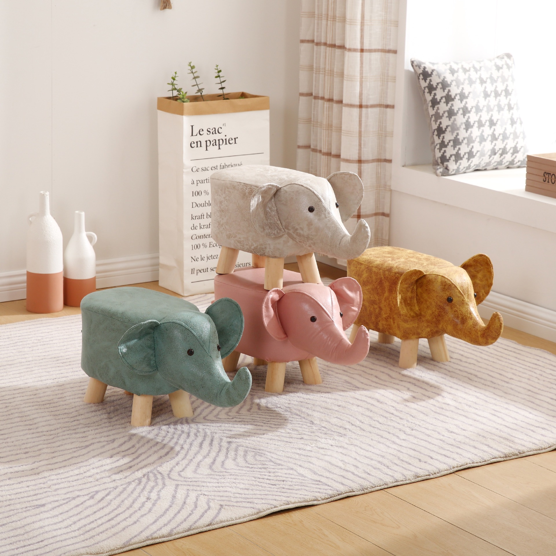 儿童动物凳子家用创意实木矮凳结实耐用小板凳大象造型可爱换鞋凳