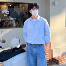 新款韩国男装代购慵懒港风痞帅大码纯色春夏新款休闲男士长袖衬衫