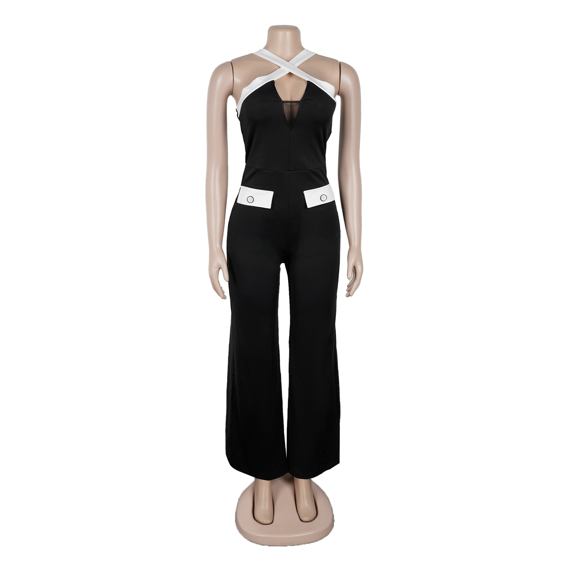 Elegant Women's Colour Block Jumpsuit Slim Fit Wide Leg Strappy_voghion.com