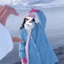 甜美蓝色毛呢外套大衣女冬季设计感毛领中长款过膝小个子夹棉呢子