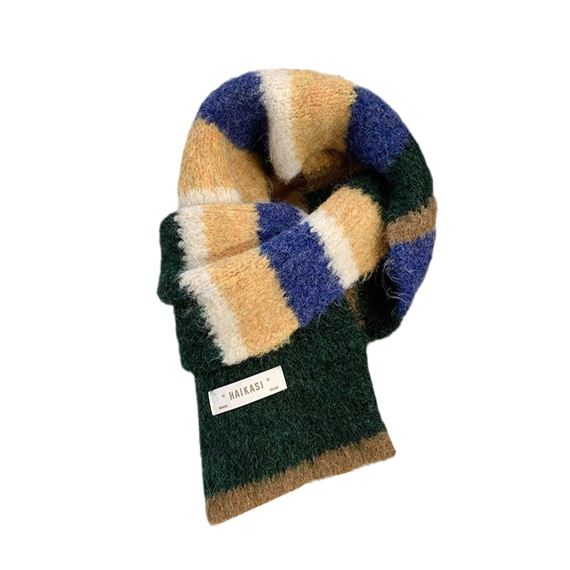Bufandas de lana de punto de invierno para mujeres nuevas versiones coreanas de alto nivel de lana de estilo de estilo de estudiantes de buñuelo de rayas cálidas
